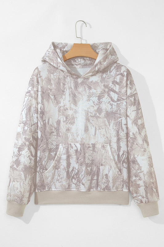 Abstract Camo Ribbed Trim Kangaroo Pocket Hoodie