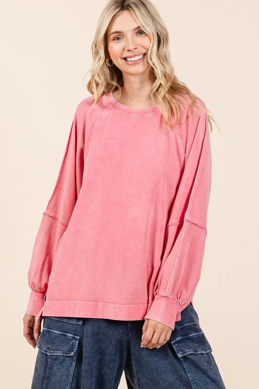 Mittoshop Mineral Wash Raglan Long Sleeve Oversized Top GRAPEFRUIT
