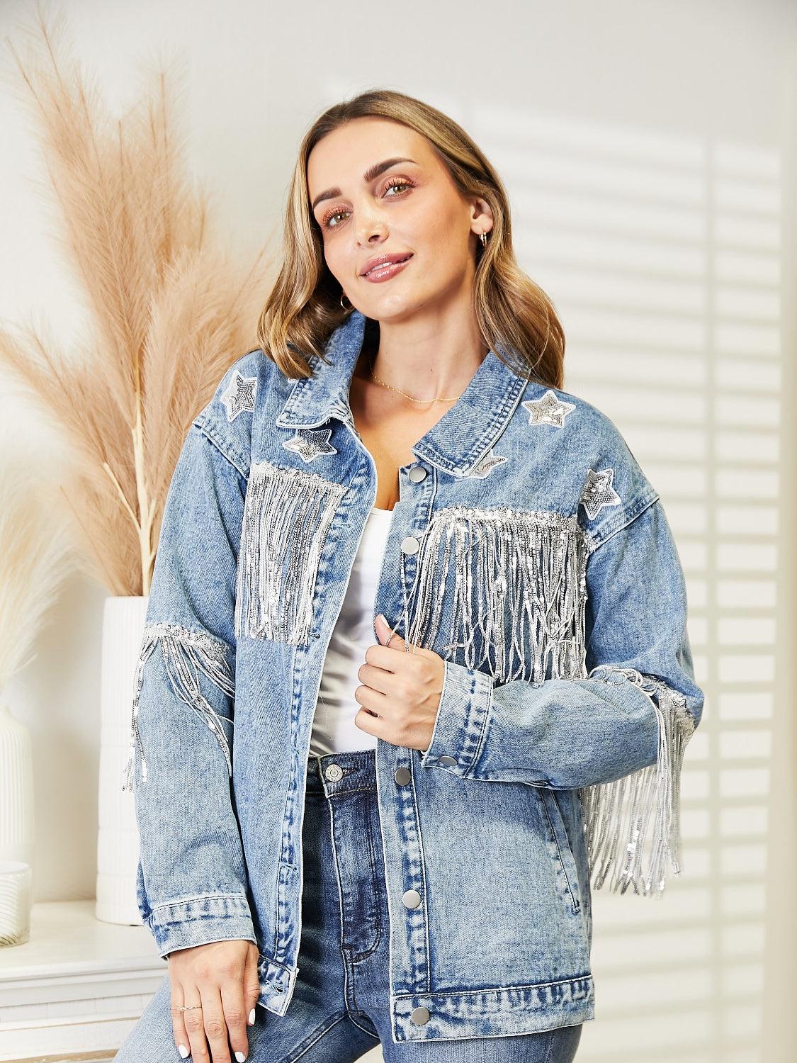 Fringe Detail Long Sleeve Denim Jacket Light