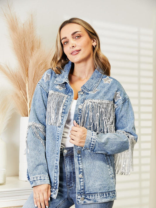 Fringe Detail Long Sleeve Denim Jacket Light