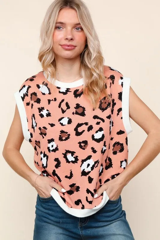 Haptics Leopard Print Dolman Cap Sleeve Knit Top Peach White