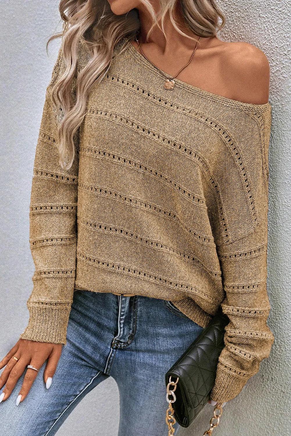 Boat Neck Dropped Shoulder Sweater Tan