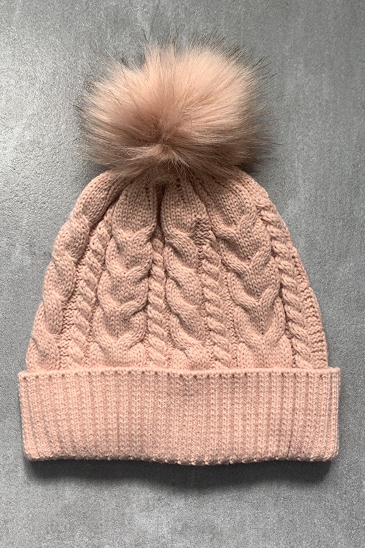 Cable-Knit Cuffed Hat with Pom-pom Watermelon pink One Size