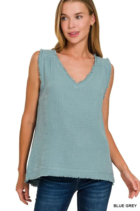 Zenana Double Gauze Raw Edge V-Neck Tank BLUE GREY