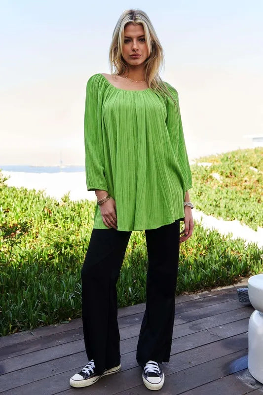Davi & Dani Crinckled Texture Fabric Round Neck Swing Top Apple Green