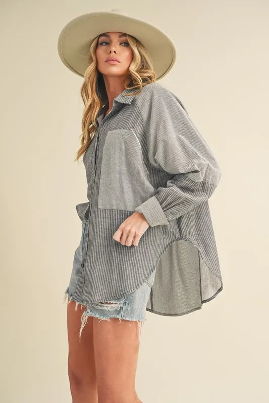 Aemi + Co Striped Collared Neck Lantern Sleeve Shirt