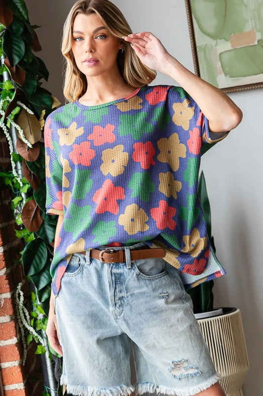 HOPELY Full Size Floral Round Neck Side Slit T-Shirt Navy Green