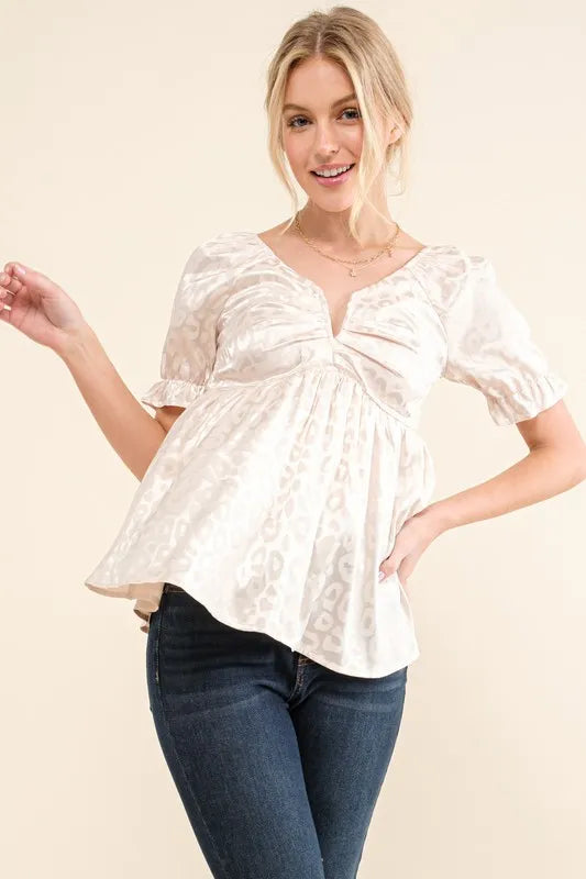 And The Why Satin Leopard V Wired Puff Sleeves Blouse