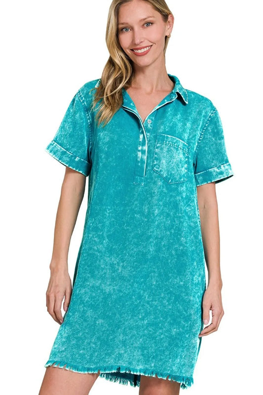 Zenana Tencel Mineral Washed Collared Shirts Dress LT TEAL