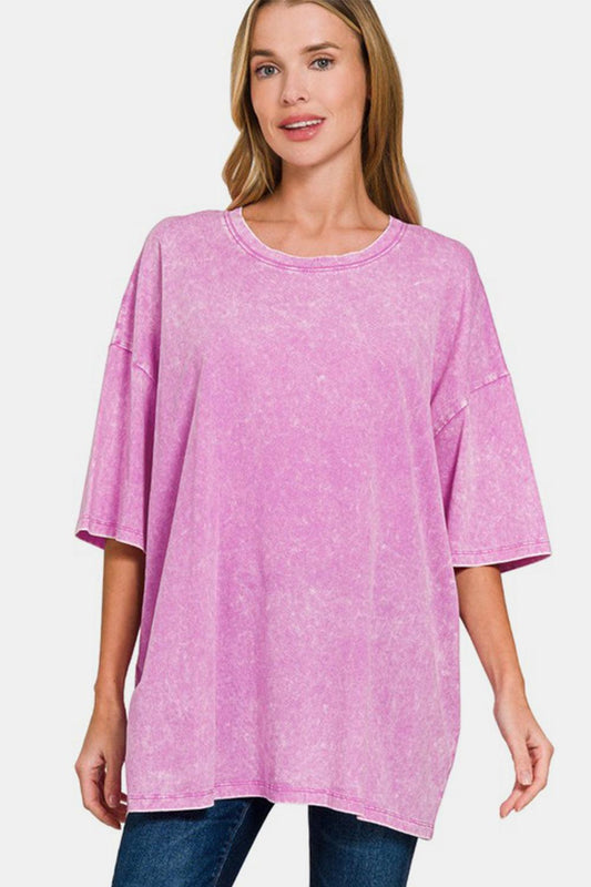 Zenana Full Size Washed Round Neck Drop Shoulder Oversized T-Shirt Moonlit Mauve