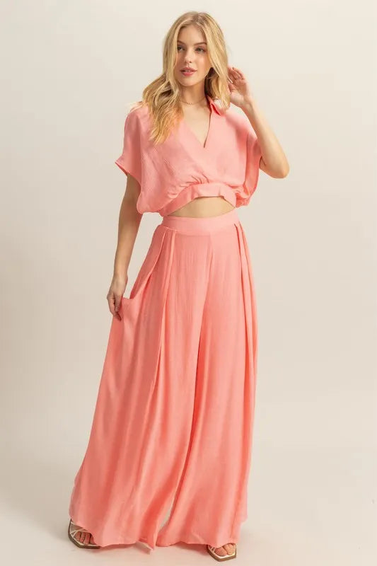 HYFVE Kimono Sleeve Crop Top and Wide Leg Pants Set Coral