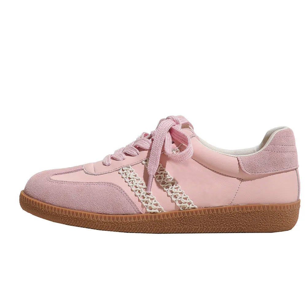 Lace Up PU Leather Round Toe Flats Sneakers Pink