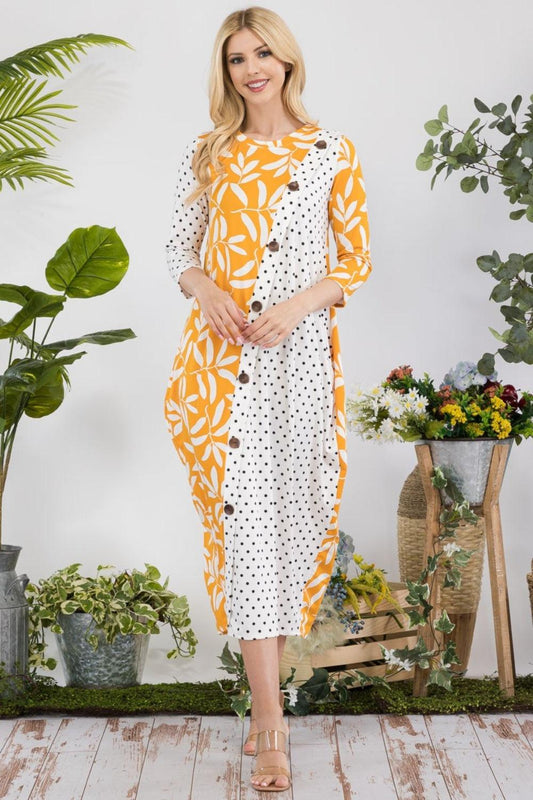 Celeste Full Size Floral Polka Dot Contrast Midi-Dress with Pockets Mustard Polka