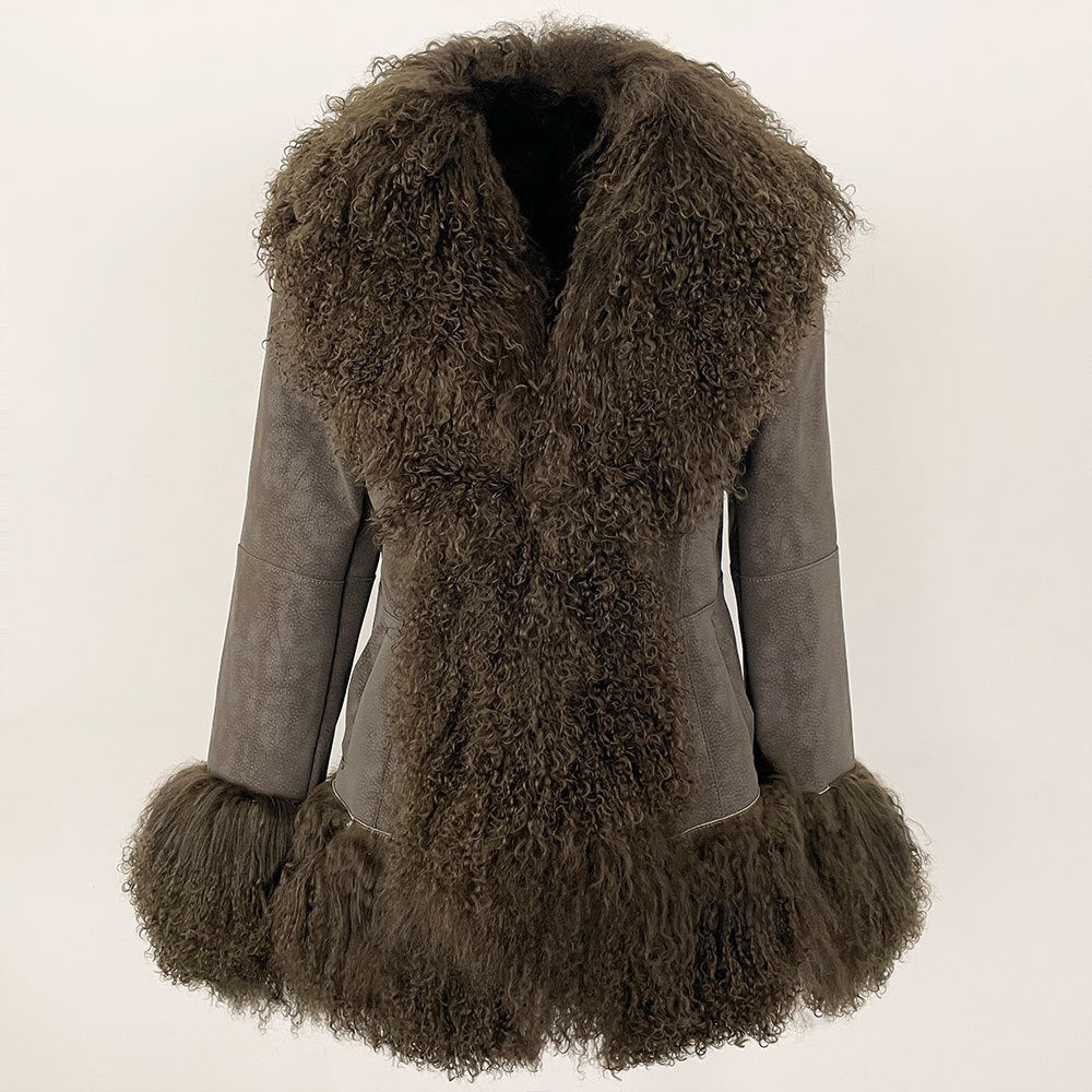 Gray coat with brown fur trim on a white background