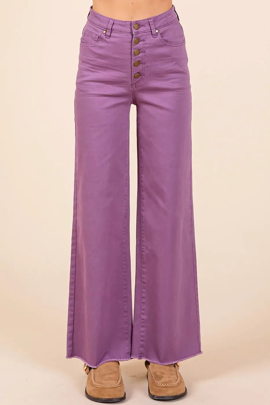 Mittoshop Twill High Waisted Button Fly Wide Leg Pants PLUM