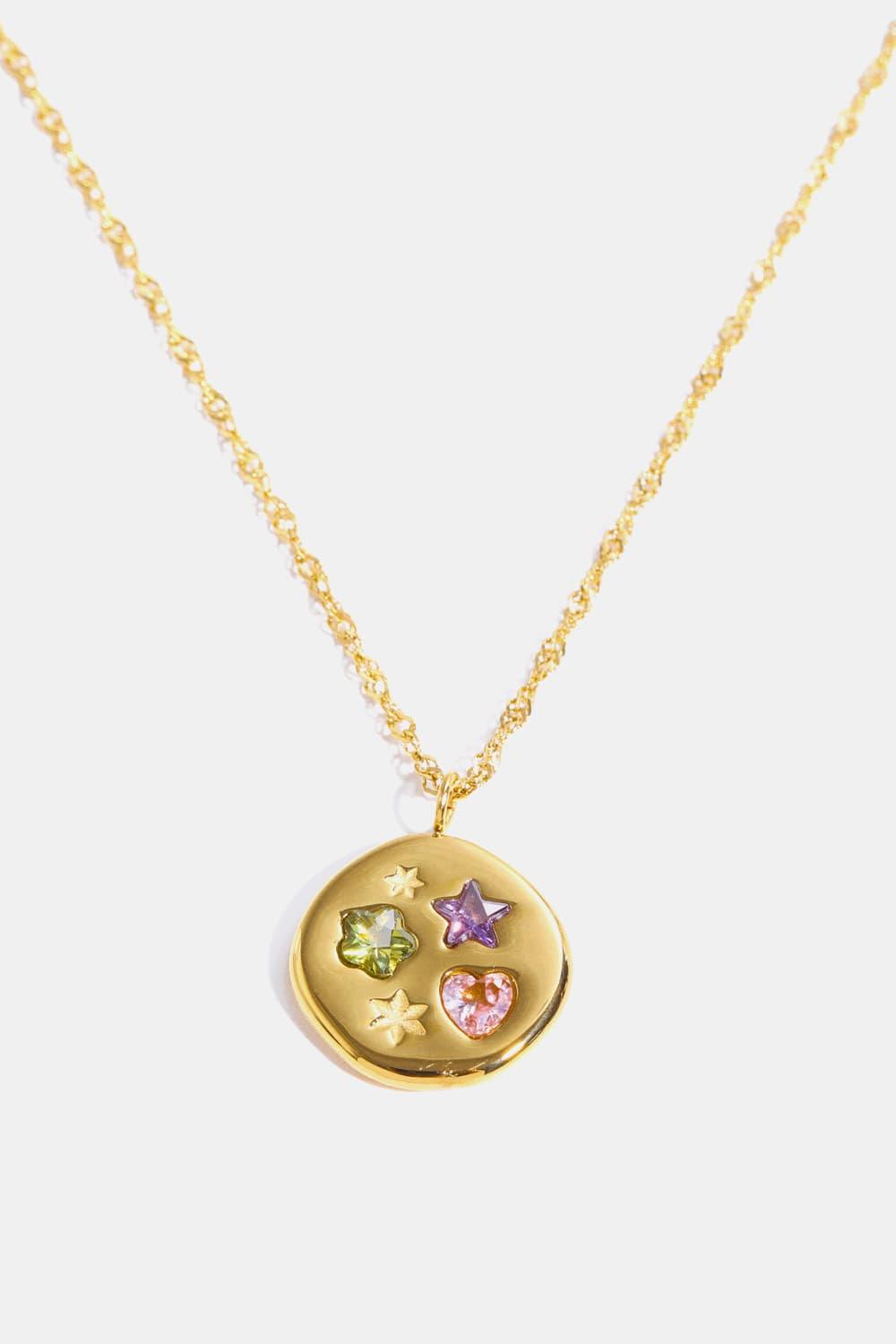 Inlaid Zircon Pendant Stainless Steel Necklace Round Gold One Size