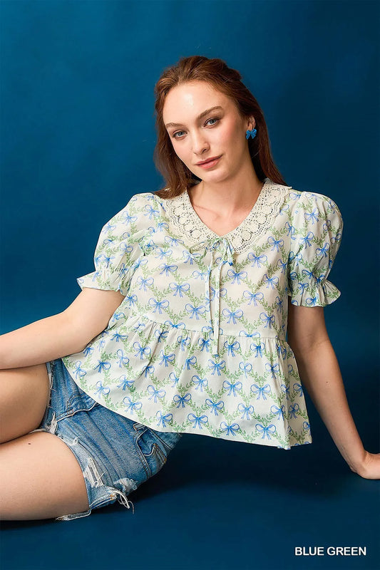 Umgee Lace Detail Bow Print Flounce Sleeve Blouse BLUE GREEN