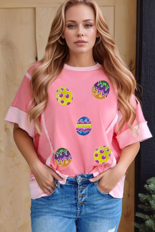 Sequined Easter Egg Short Sleeve T-Shirt Pink