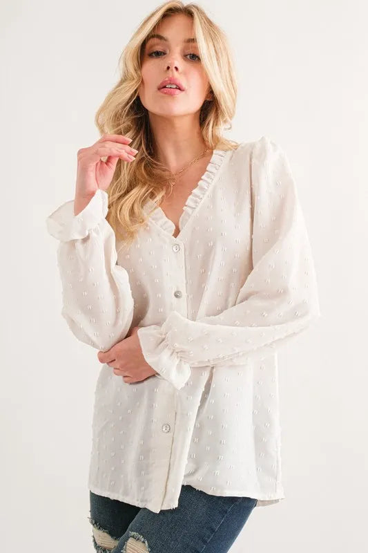 And The Why Polka Dot Ruffle Detailed Blouse Top WHITE