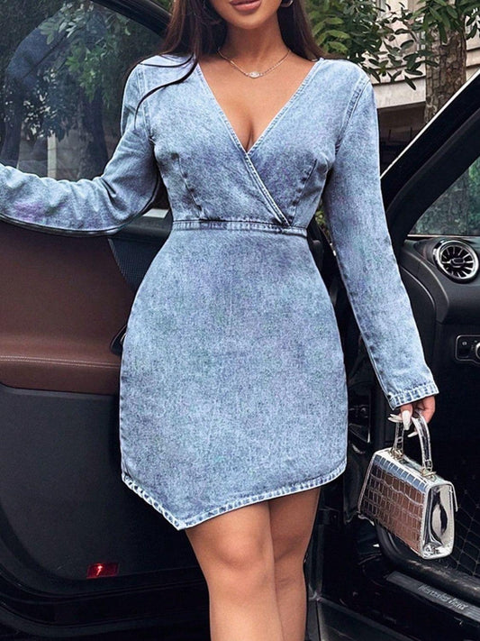 Surplice Long Sleeve Denim Dress Light