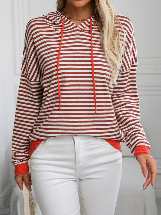 Mandy Striped Long Sleeve Hooded Knit Top Dark Brown
