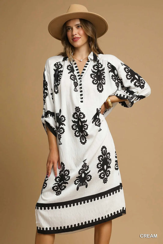 Umgee Abstract Print Midi Dress Cream