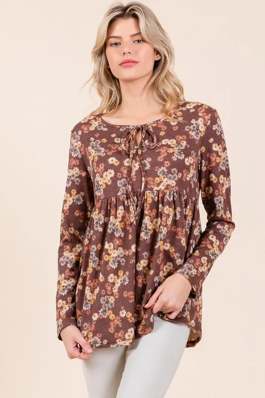 BOMBOM Floral Print Tie Neck Long Sleeve Blouse Brown