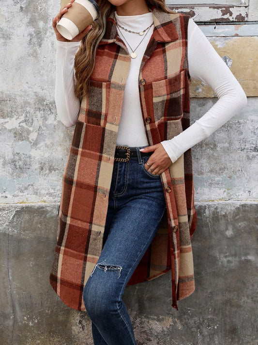 Perfee Pocketed Button Up Plaid Vest Terracotta