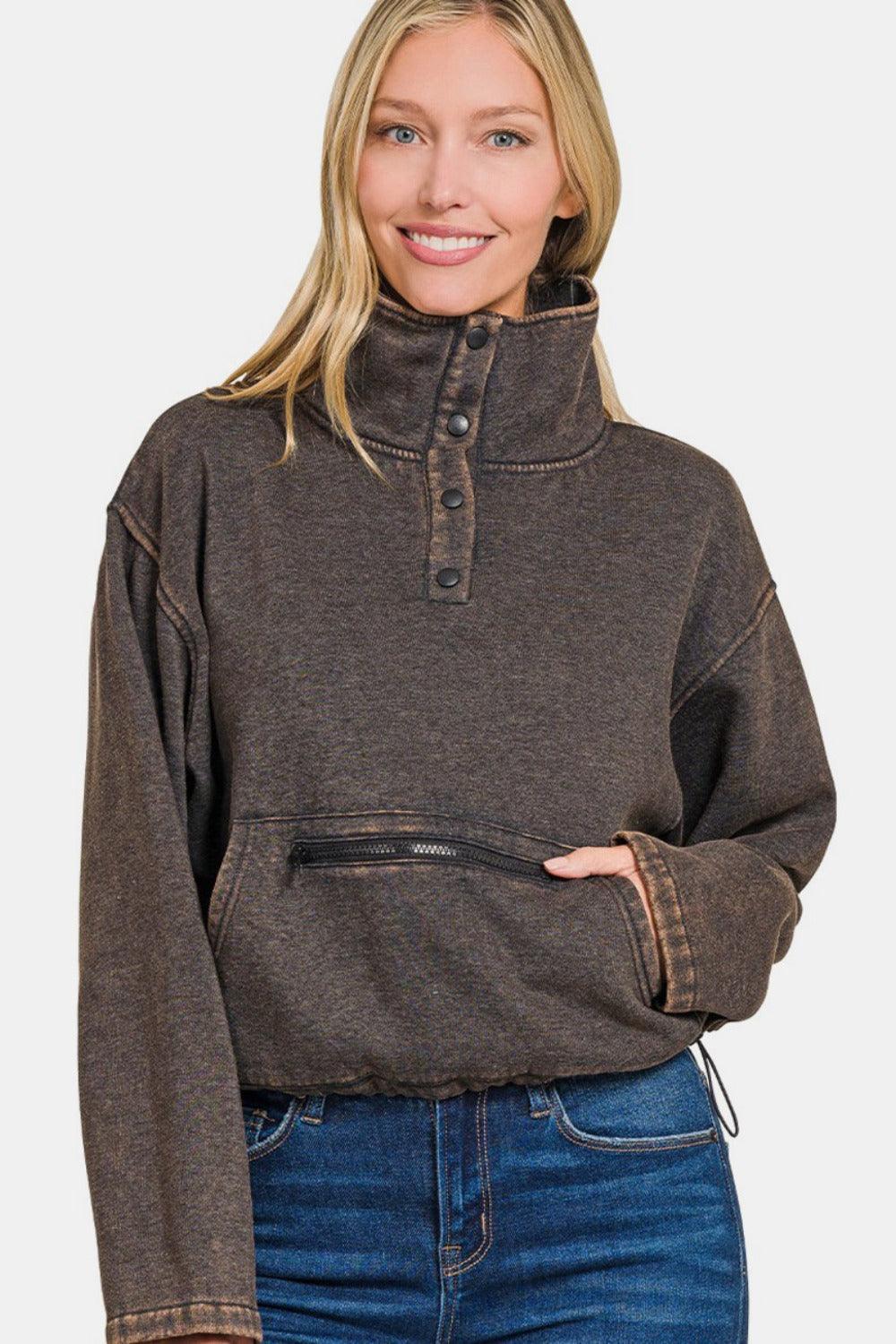 Zenana Acid Wash Fleece Half Snap Sweatshirt with Pocket Ash Black