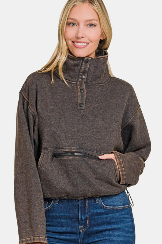 Zenana Acid Wash Fleece Half Snap Sweatshirt with Pocket Ash Black