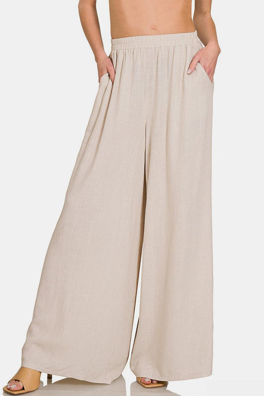 Zenana Pleated Linen Blend Wide Leg Pants Sand Beige