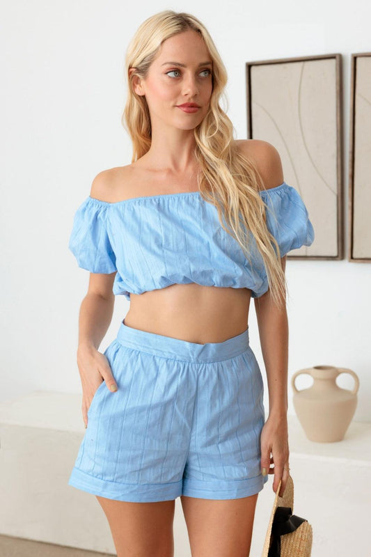 Le Lis Off Shoulder Crop Top and High Waist Shorts Set Light Blue