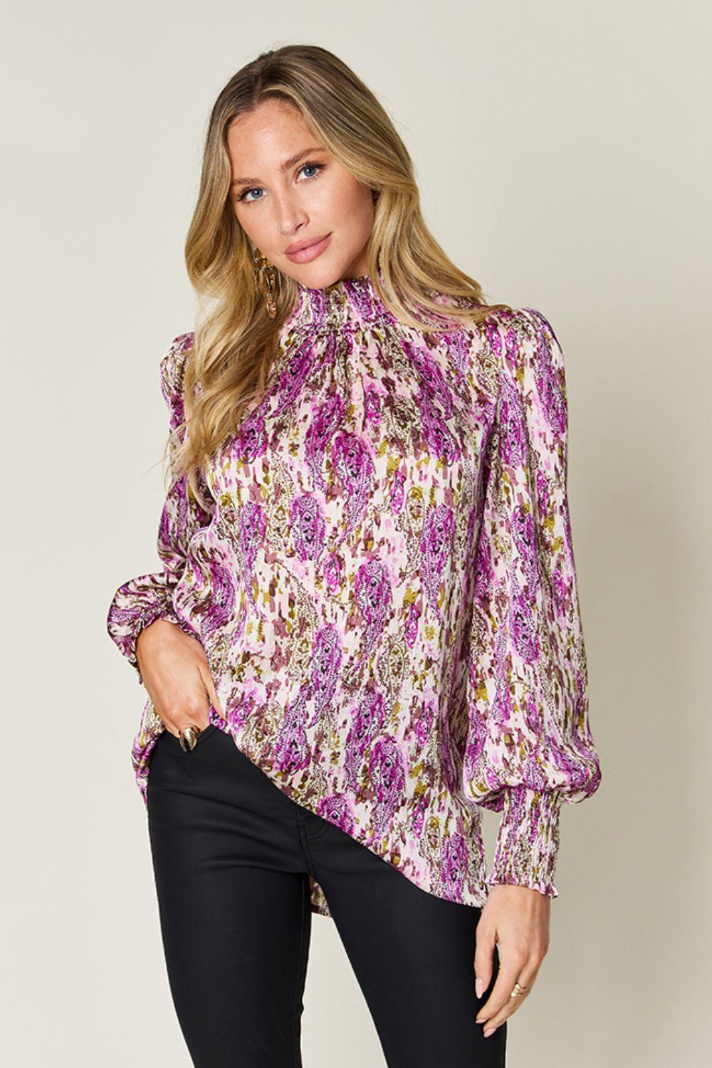 Double Take Full Size Printed Smocked Long Sleeve Blouse Red-Violet