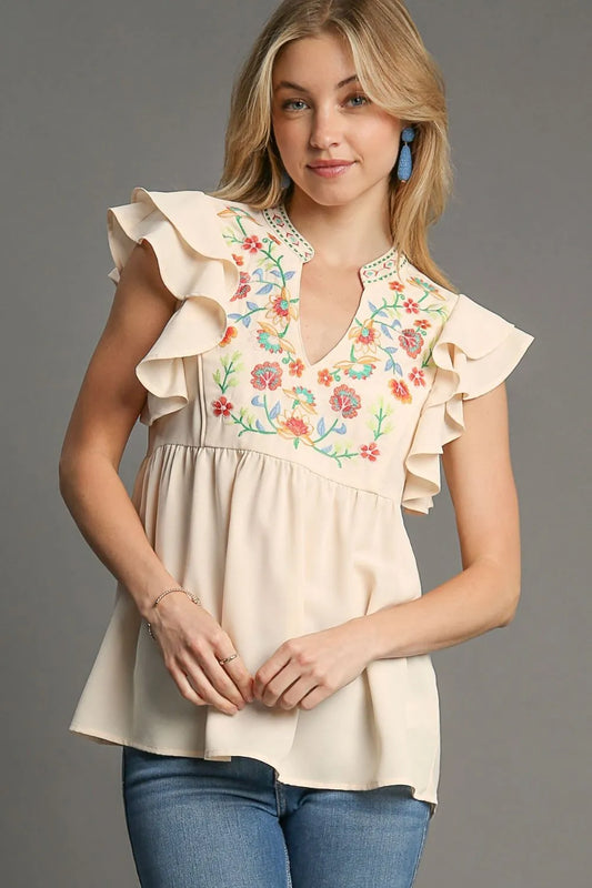 Umgee Full Size Embroidery Notched Double Ruffle Sleeve Blouse Plus Size Tan