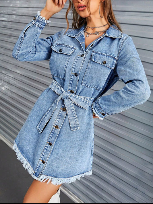 Raw Hem Collared Neck Long Sleeve Denim Dress Light