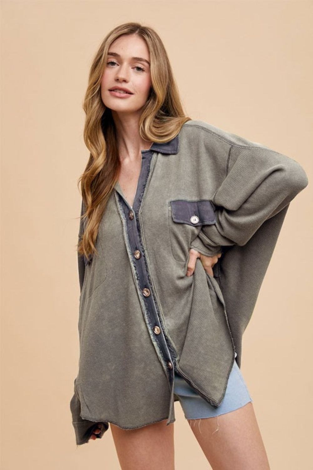Annie Wear Waffle-Knit Mineral Washed Button Down Shirt Charcoal