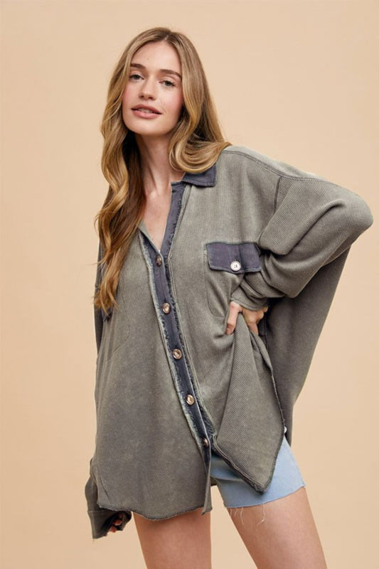 Annie Wear Waffle-Knit Mineral Washed Button Down Shirt Charcoal