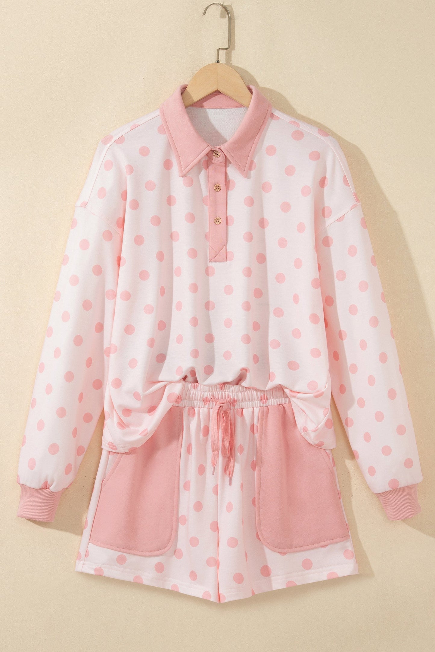 Polka Dot Polo Pullover & Elastic Waist Shorts Set