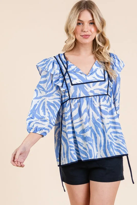 Lime 'N' Chili Graphic Print Solid Trim Quarter Sleeve Blouse BLUE