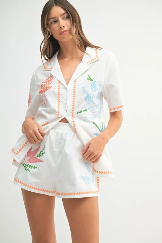 MABLE Embroidered Button Down Shirt and Shorts Set Orange