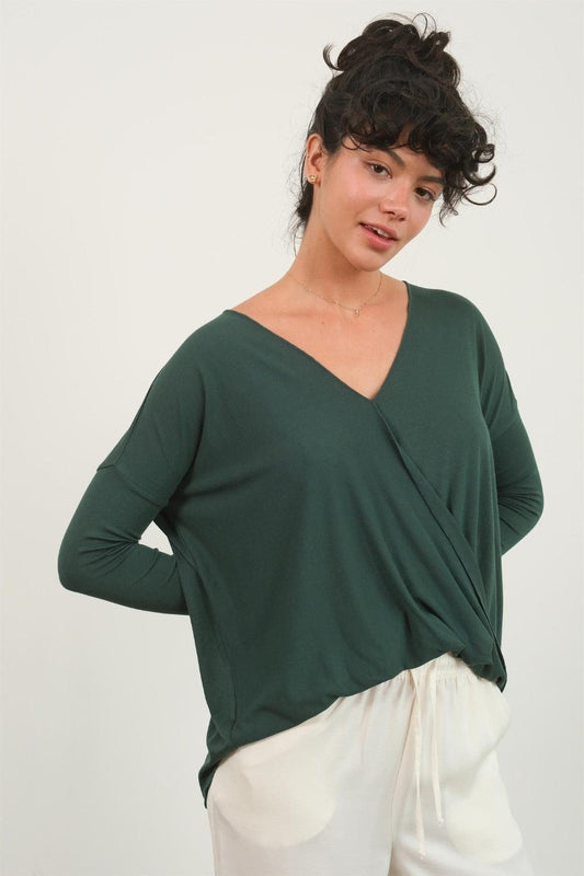 HYFVE Draped Drop Shoulder Long Sleeve Top Dark Green