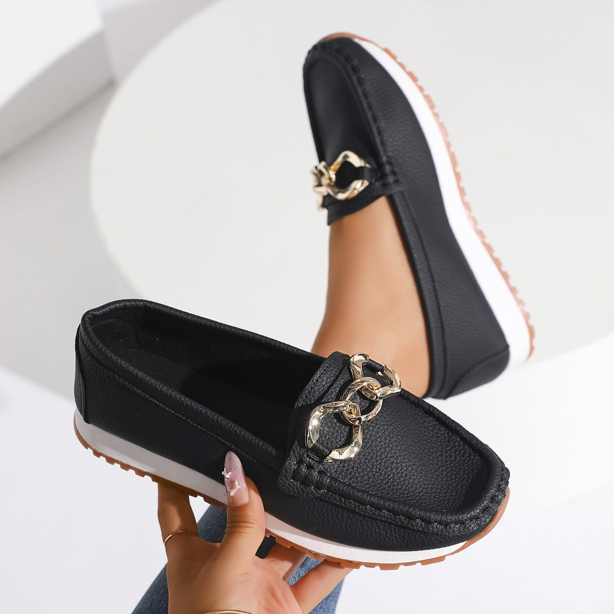 Women's Metal Buckle Slip-On Loafers - Casual Suede Leather Comfort Shoes