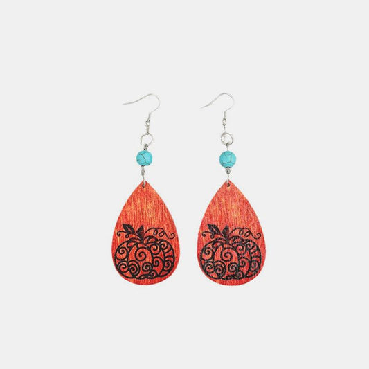 Turquoise Wooden Pumpkin Teardrop Earrings Silver One Size