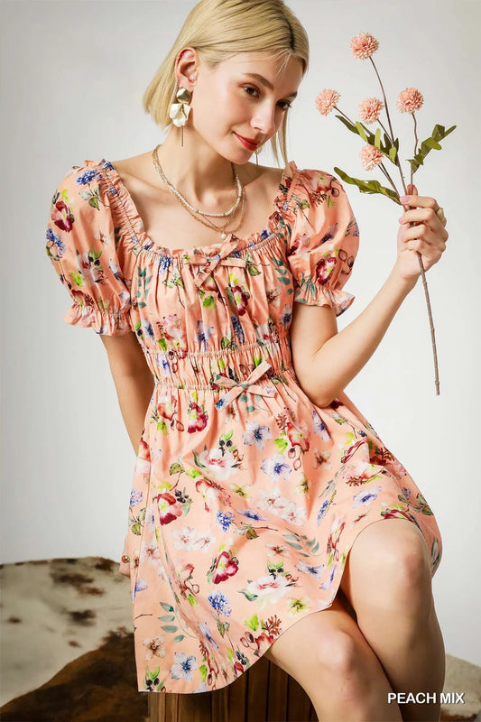 Umgee Floral Print Puff Sleeve Mini Dress PEACH MIX