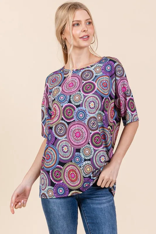 BOMBOM Printed Round Neck Half Sleeve Top Mauve