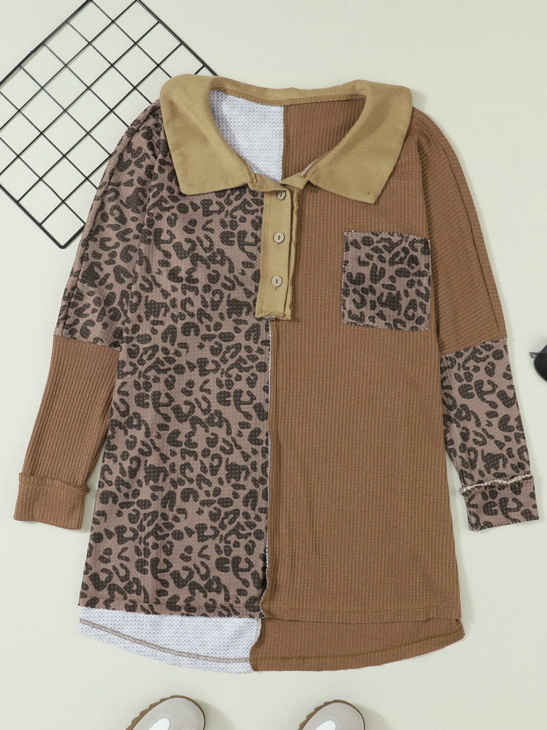 Half Button Leopard Collared Neck Blouse Taupe