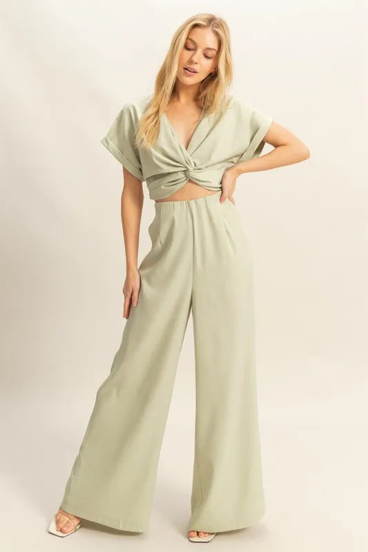 HYFVE Twisted Front Short Sleeve Top and Wide Leg Pants Set Sage