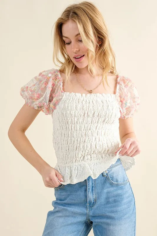 And The Why Embellishment Sleeve Smocked Top IVORY