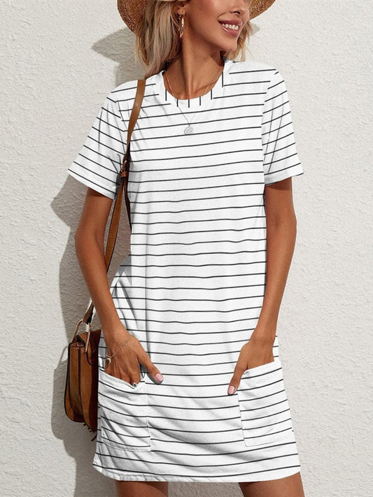 FAM-FAM Pocketed Striped Round Neck Short Sleeve Dress White