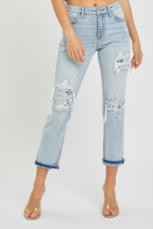 RISEN Mid-Rise Sequin Patched Jeans Light